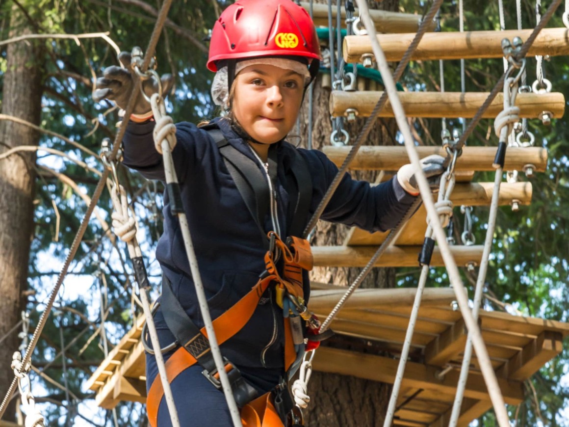 Ponte tronchi verticali al parco avventura per famiglie