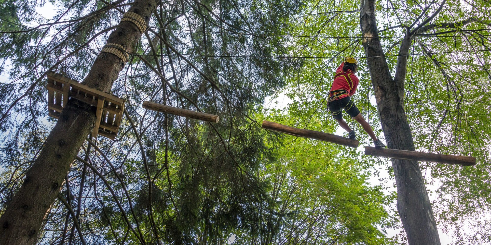 Passaggio tra gli alberi del parco avventura a Civenna