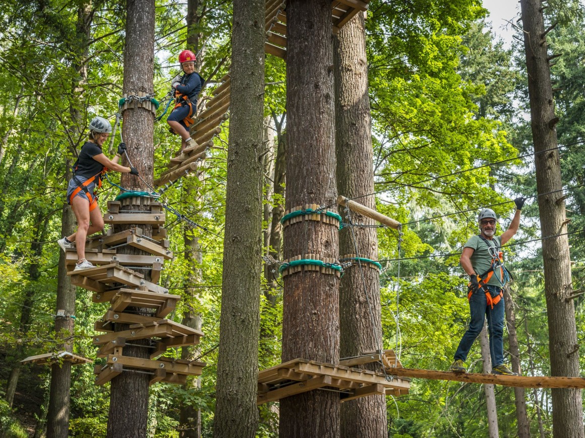 Adulti e bambini si divertono sui percorsi al Jungle Raider Park di Albavilla